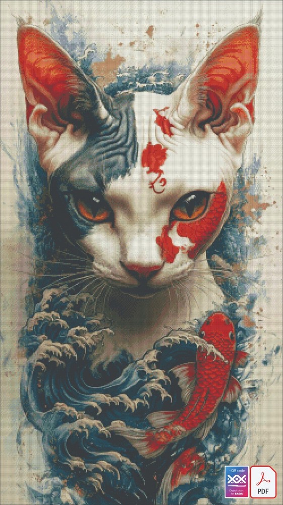 Egyptian cat with Koi Fish - Chart Counted Cross Stitch Pattern Needlework 1537