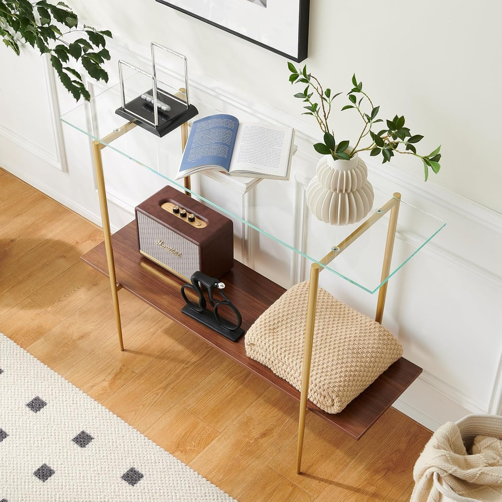 Mid-Century 2-Tier Glass & Walnut Console Table with Gold Frame, 41" Wide