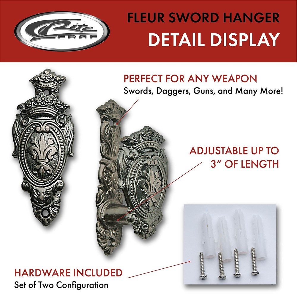 Fleur Shield Sword Hanger Wall Mount – 3” Expandable Display Hooks for Swords...