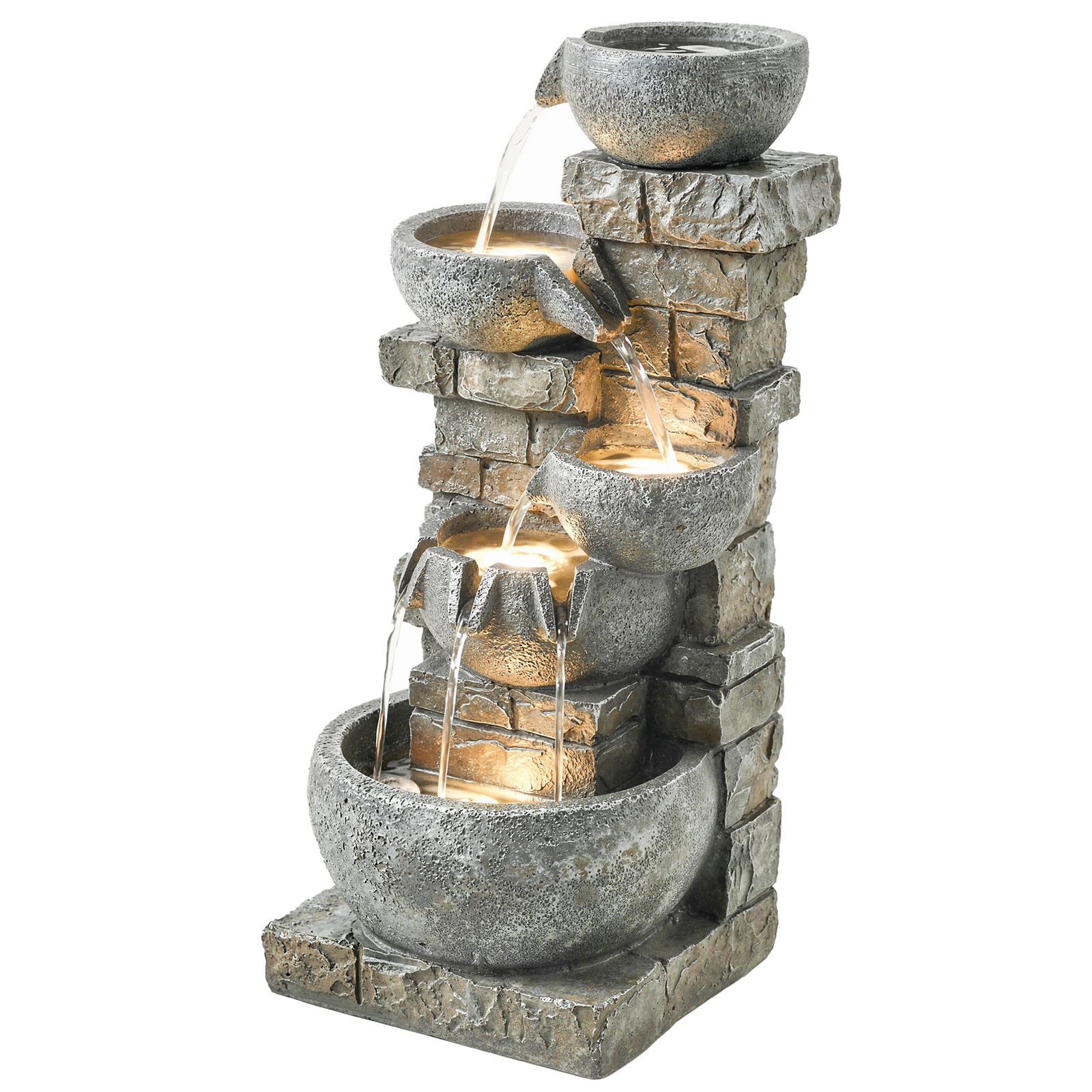 Outsunny 5 Tiers Outdoor Water Fountain with LED Lights, Gray