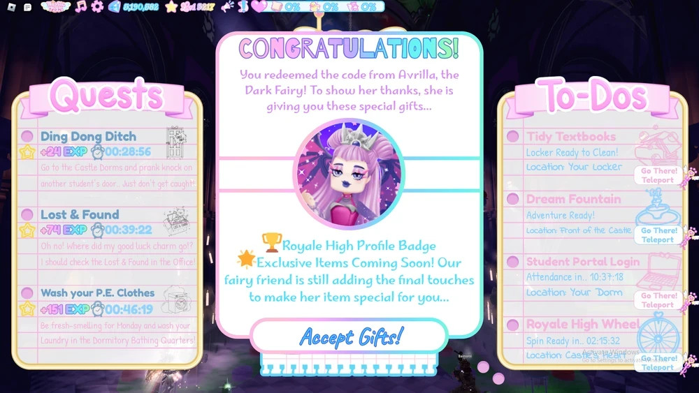 Royale High Avrilla the Dark Fairy Code Sent in Ebay Message