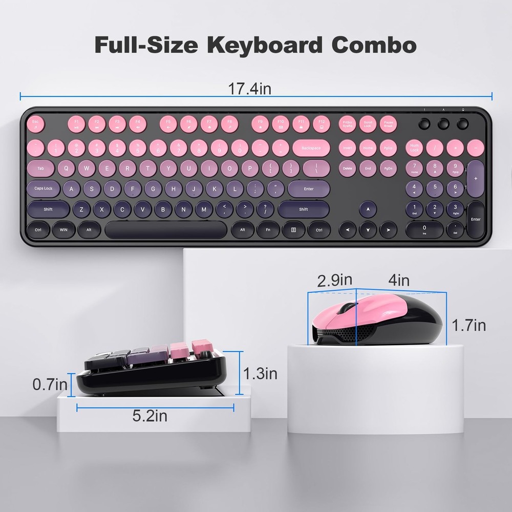 Berry Pink Wireless Keyboard Mouse Combo Retro Typewriter USB Windows