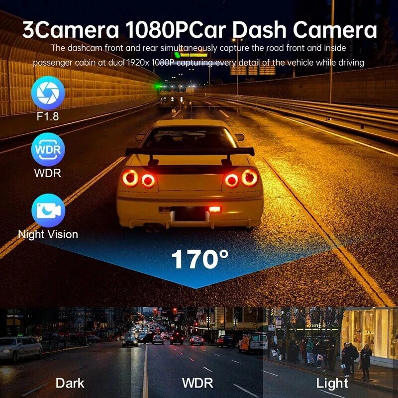 Dash Cam HD 1080p Car Dual Lens Front/Rear/Inside Video Recorder Camera G-sensor