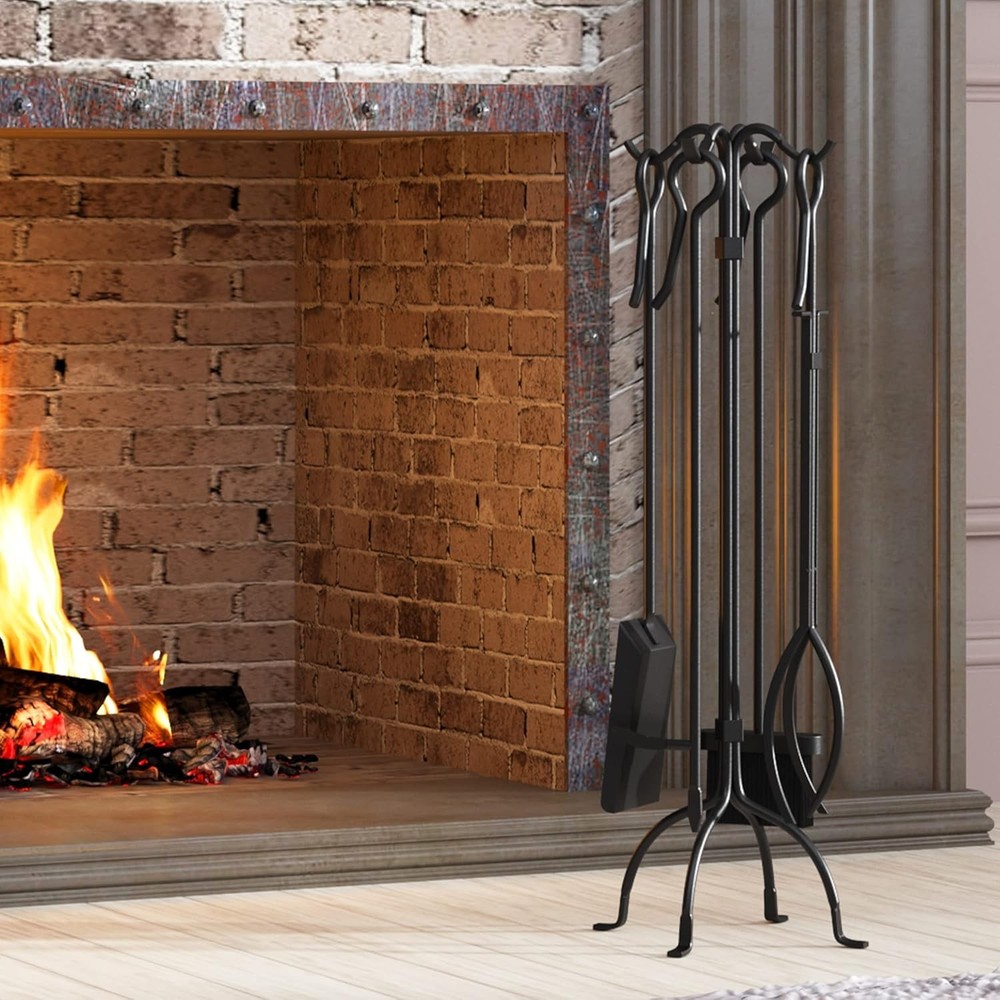 5-Piece Fireplace Tools Set Heavy Duty Wrought Iron Toolset Black