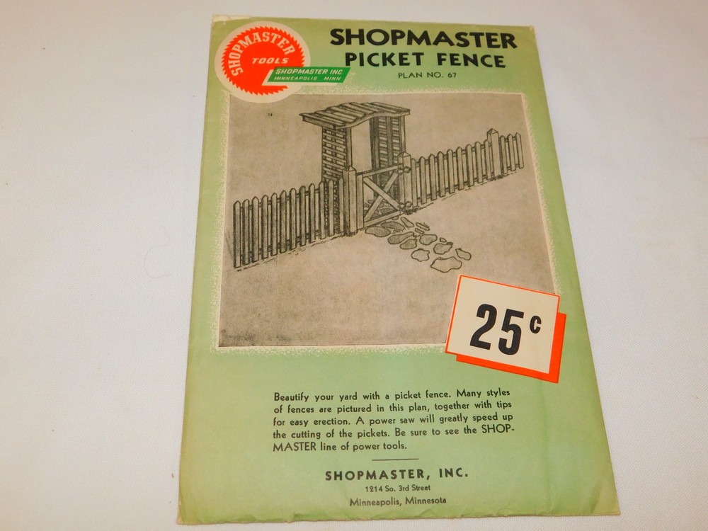 Vintage 1940s SHOPMASTER Power TOOLS PICKET FENCE Plan No 67 Pattern