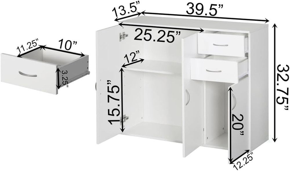 33-Inch White Sideboard Buffet Cabinet with Storage, Spacious Table Top, Large D