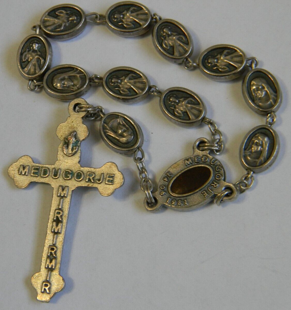 Metal bead rosary chaplet Our Lady of Medugorje soil relic center medal 1981