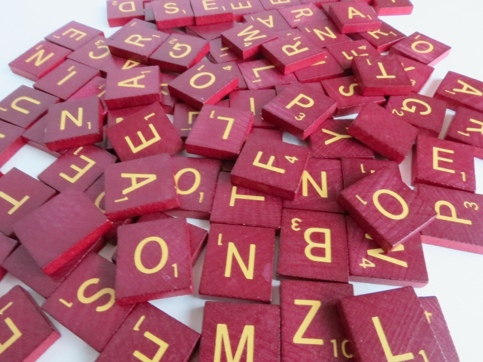 Wood Scrabble Tiles, Maroon Burgundy, GOLD / TAN Letters, Sold Individual