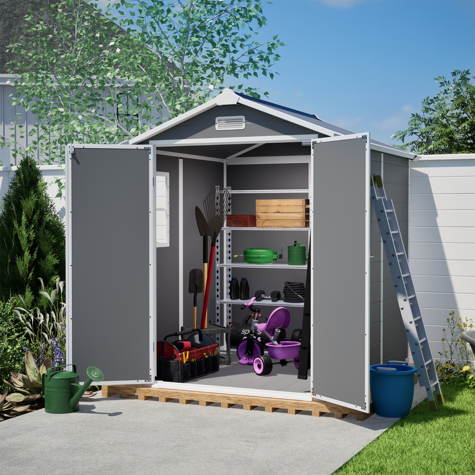 6x6FT Outdoor Resin Storage Shed w/Lockable Doors Plastic Shed w/Floor &Window