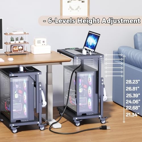 Computer Tower Stand with Power Outlet, 6 Level Height Ajustable PC Tower