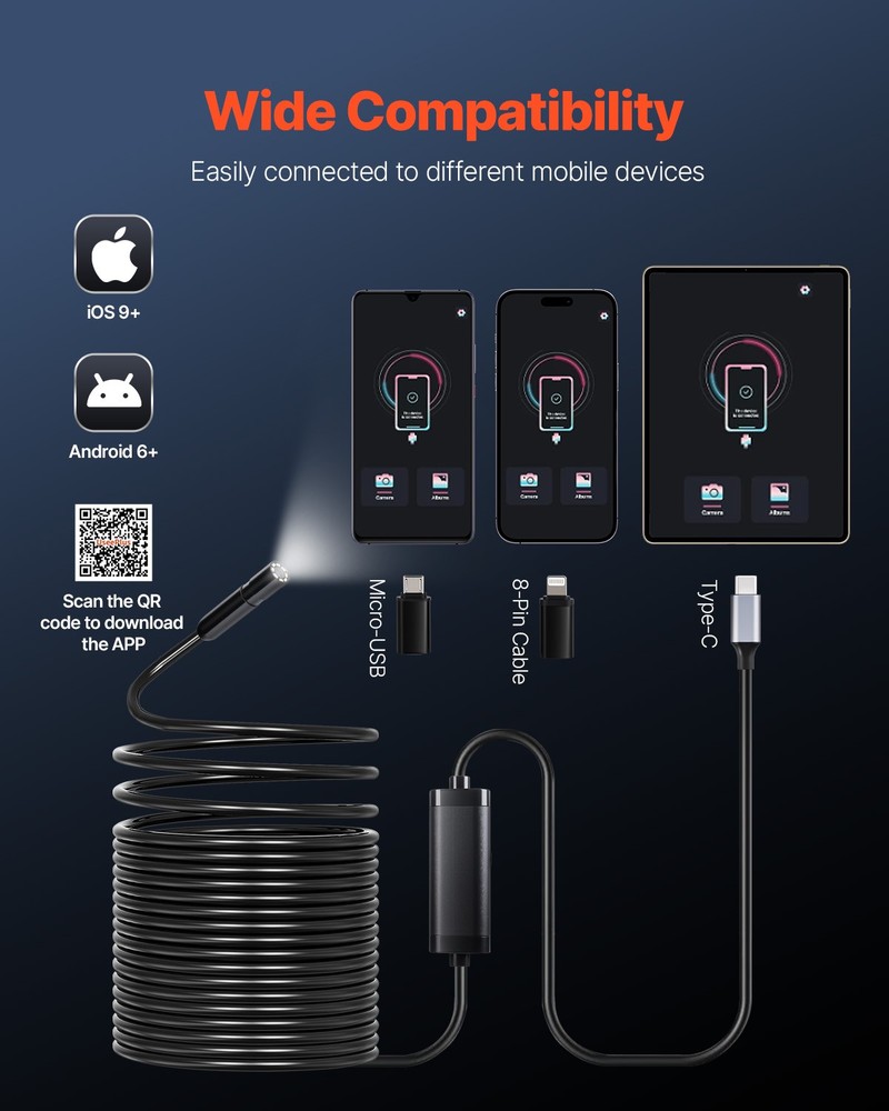 VEVOR Endoscope Camera 1920P HD Borescope for Android & IOS with 49.2FT Cable