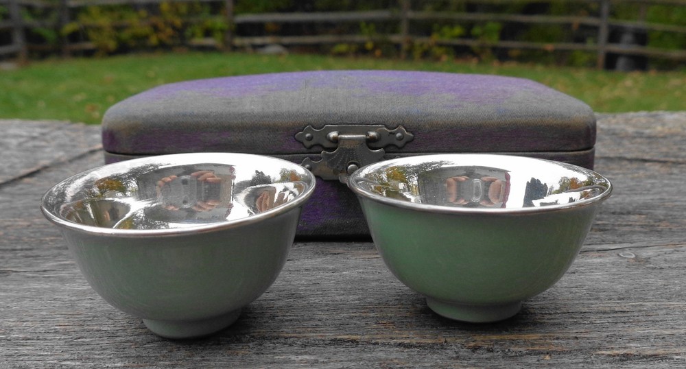Vintage Hallmarked Silver & Celadon Sake Choko Cups