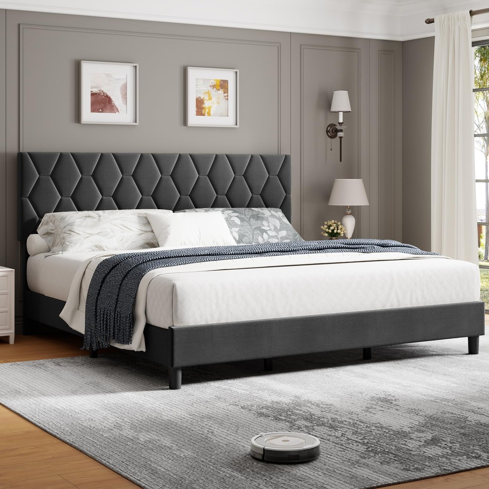 King/Queen/Full Size Bed Frame ,Modern Upholstered Headboard Platform Bed Frame
