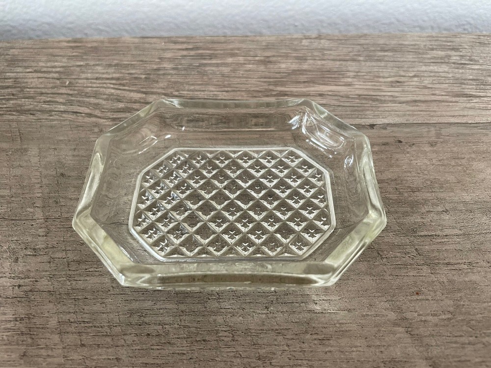 Vintage Glass Salt Cellar Rectangular Diamond Pattern Ring Dish 2.50" x 3.25"