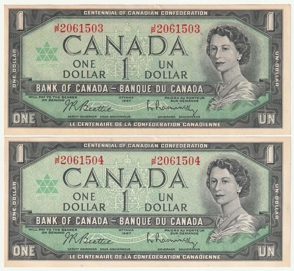 1967 CANADA, ONE DOLLAR, 2 CONSECUTIVE NUMBERS, CENTENNIAL, BEATTIE & RASMINSKY