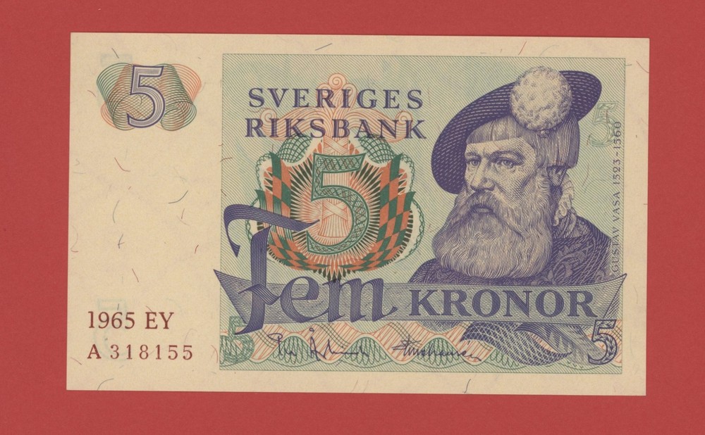 SWEDEN   5  KRONOR  1965   PICK # 51a  UNC LESS.