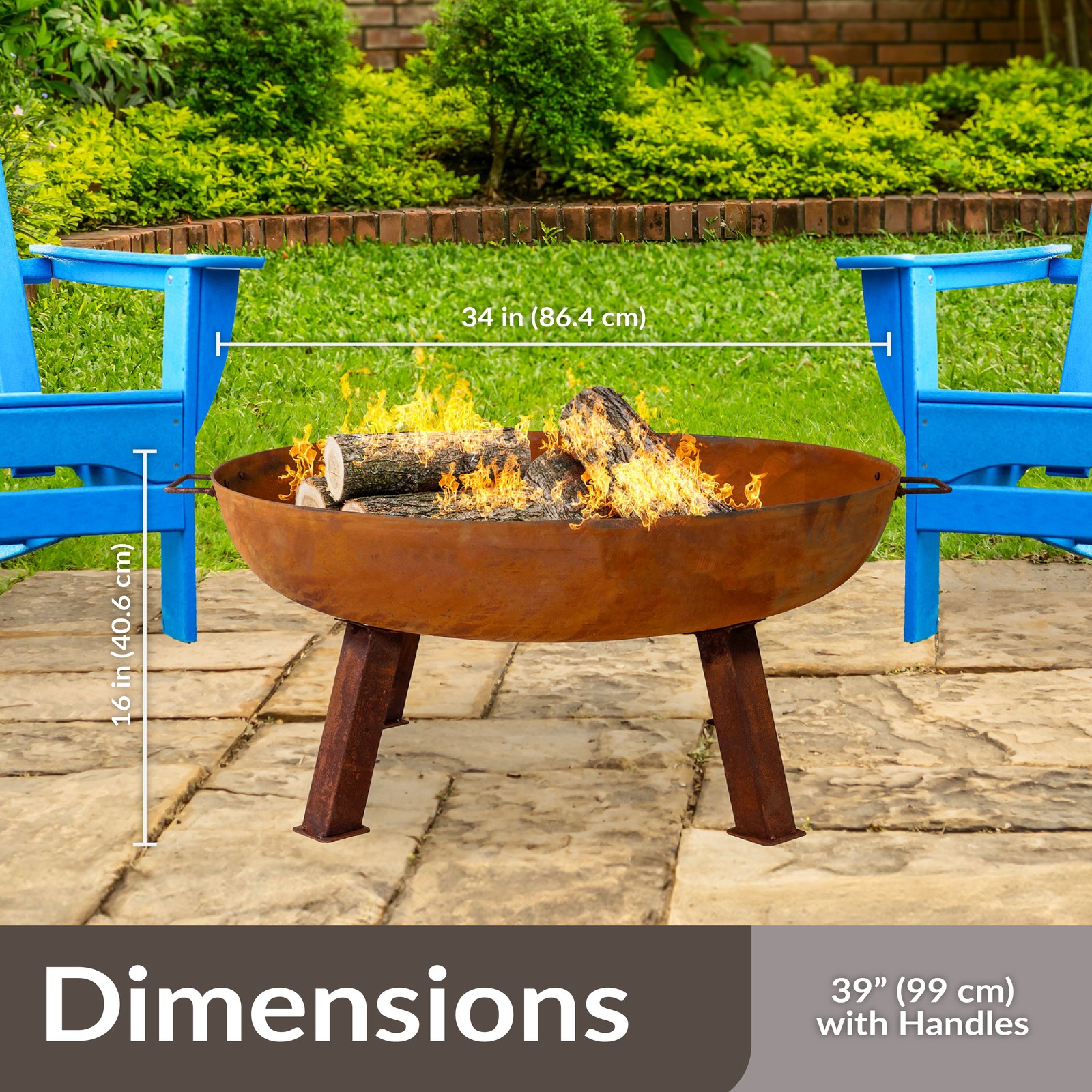 34 in Rustic Cast Iron Fire Pit Bowl with Stand by Sunnydaze