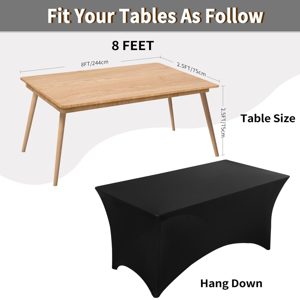 Fixwal 6 Pack Black Table Cloths Rectangle 8FT, Spandex Table Covers, Table C...
