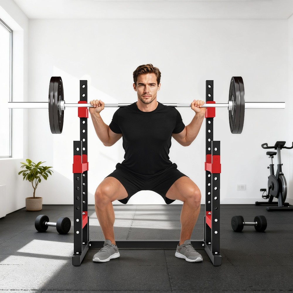 Squat & Bench Press Rack, Adjustable Hooks, 660LB Capacity w/ Plate Holders