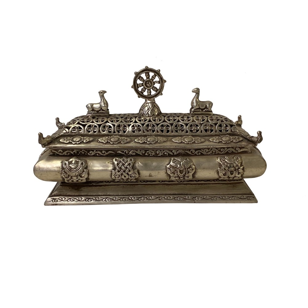 Chinese Tibetan Silver Color Rectangular Shape Incense Burner Display ws3311
