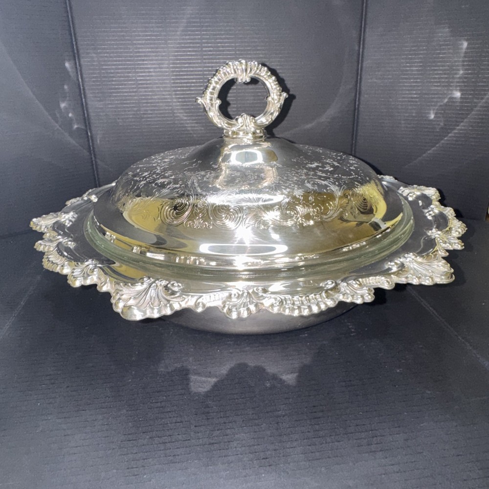 Silver- plated covered,divided dish insert (mid‑century, Rococo style)