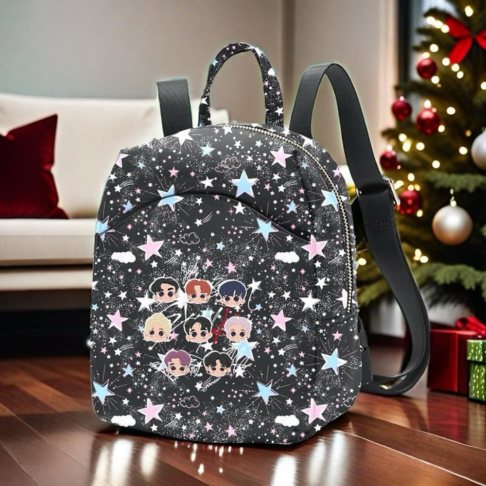 Glittery Stars and Clouds Printed Backpack with Adjustable Straps, Black, Pin...