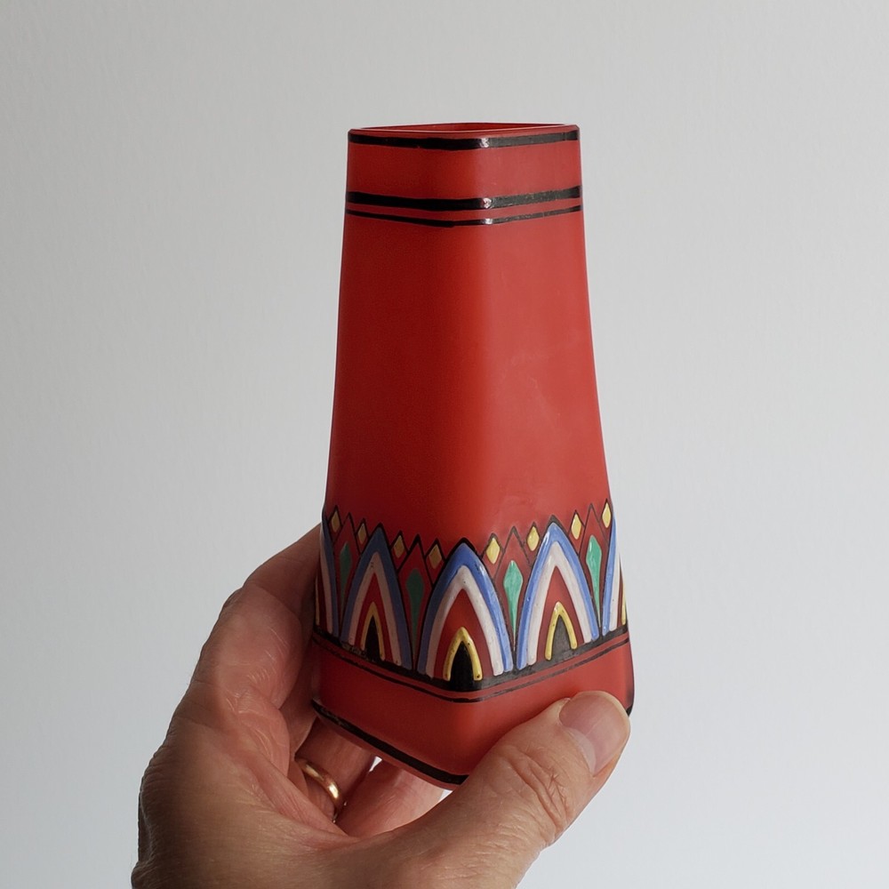 Red Handpainted Glass Bud Vase Geometric 4.75" Maker Help