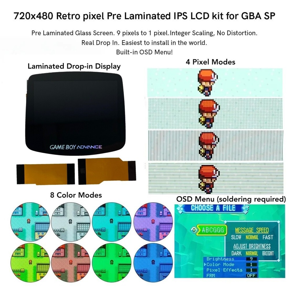 Gameboy Advance 720x480 Laminated IPS LCD Backlight Kit V5 3.0 NO SOLDER + Shell