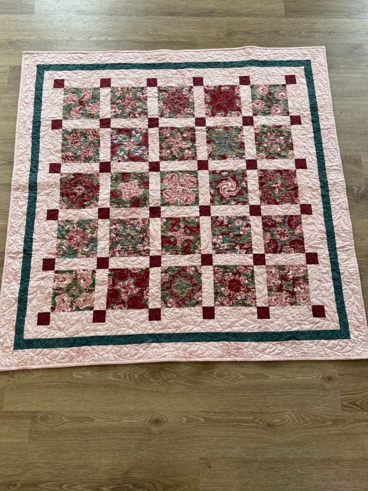 Stack n' Whack Handmade Quilt Sashed Square Blocks Cornerstone Floral Red Pink