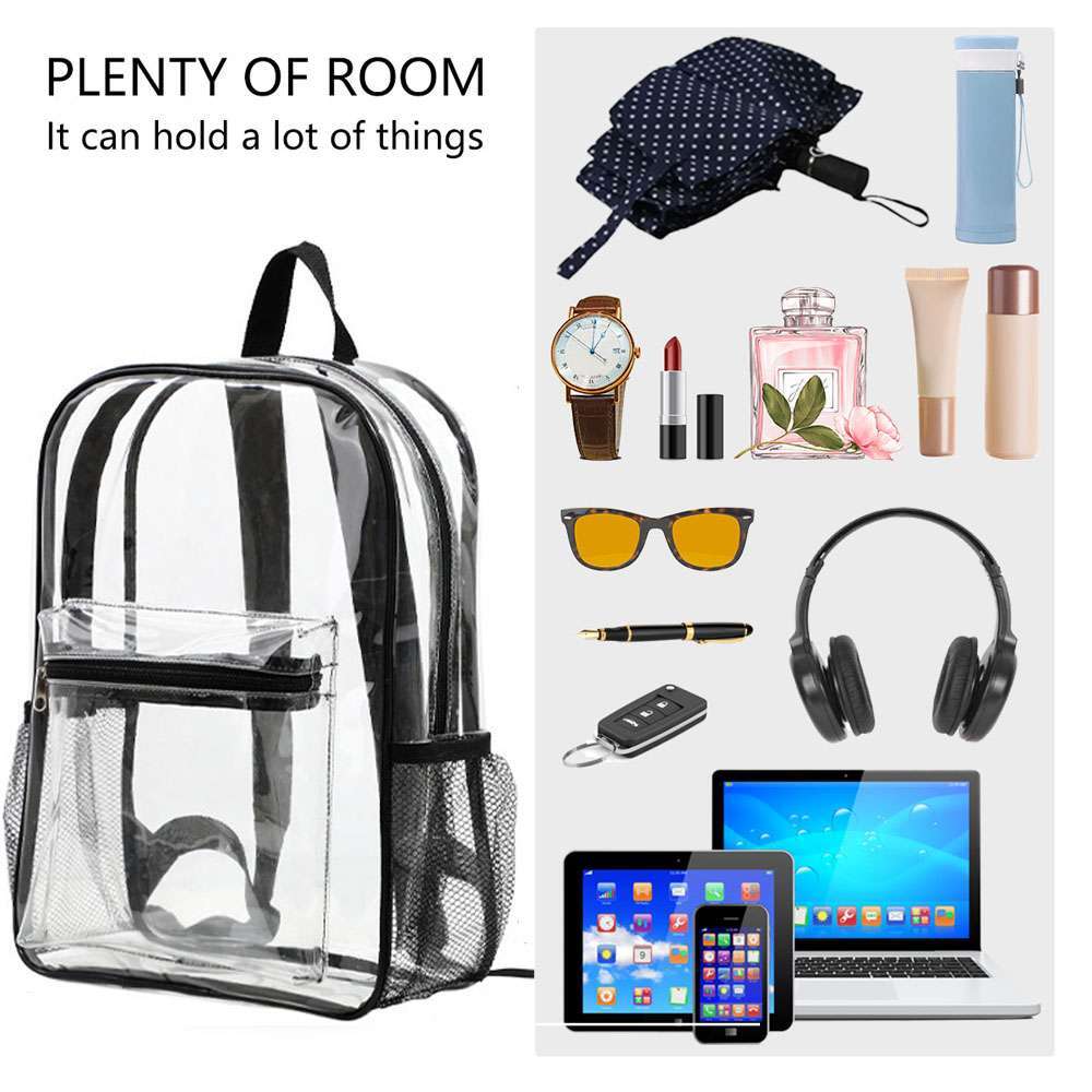 Clear Backpack Transparent See Through School Security Heavy Duty Bookbag Black