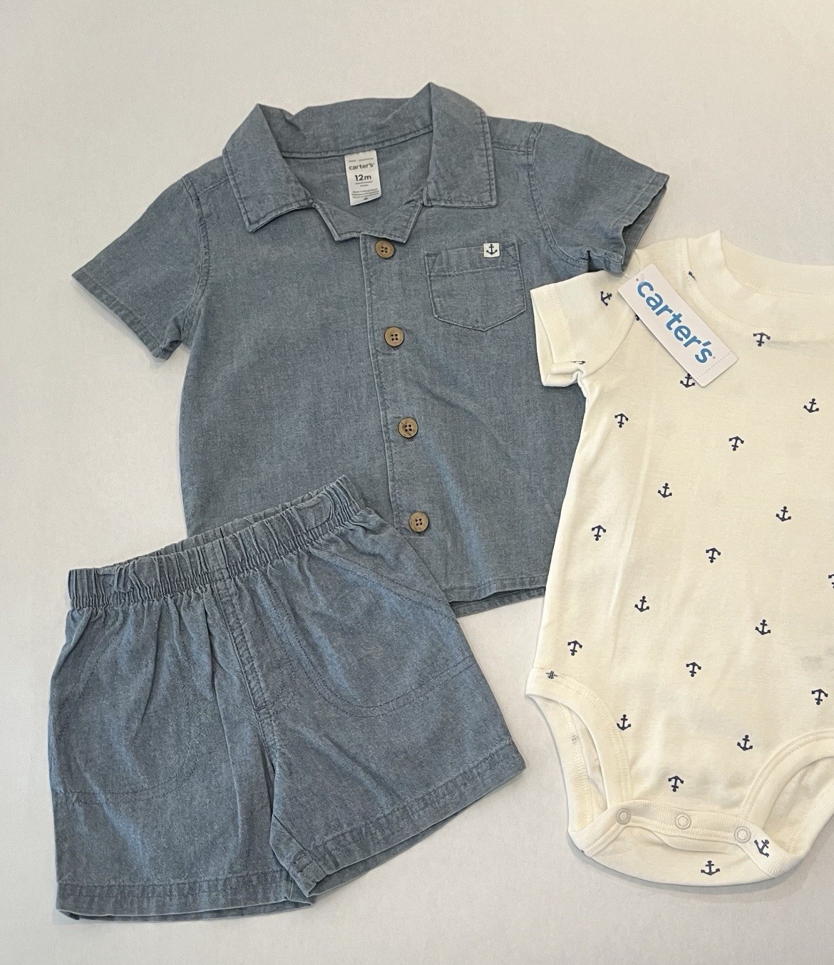 Carters Baby Boy 12 Months Shorts Shirt Bodysuit 3 PC Set Cute Anchor Outfit New