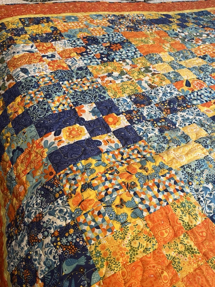 Handmade Quilt Patchwork Cotton Twin Blue & Orange Vibrant Bedspread