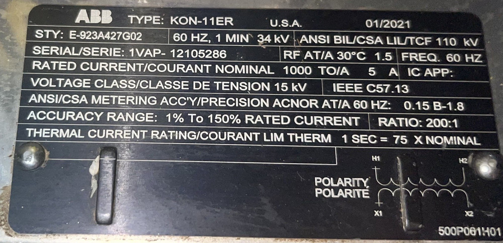 ABB TRANSFORMER TYPE KON-11ER