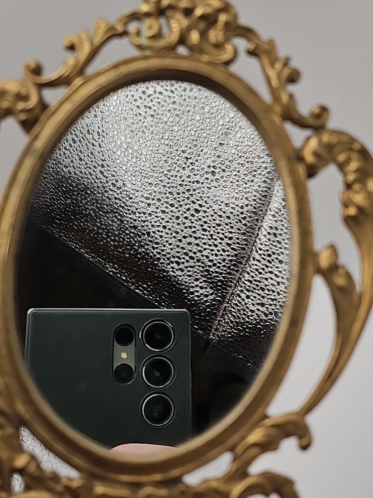 Old Brass Oval Shape Engraved Handcrafted Vanity Cut Work Mirror + Comb