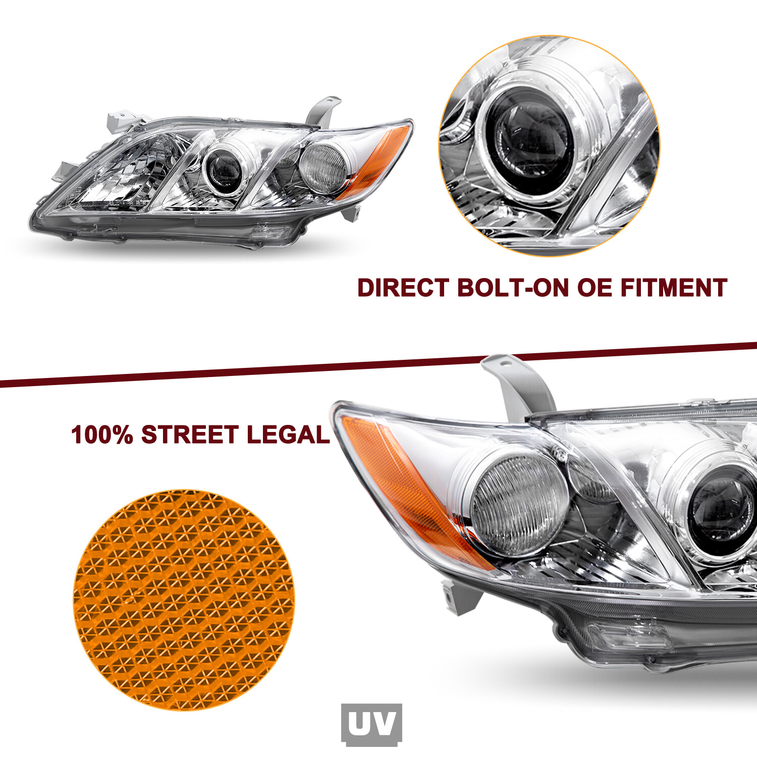 Headlights for 2007 2008 2009 Toyota Camry Chrome Amber Projector LH+RH Pairs