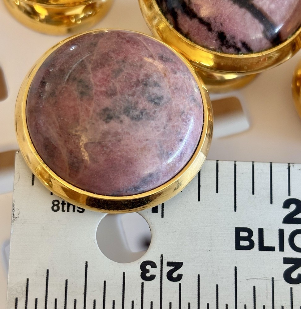 Pink Stone Brass Cabinet Knobs Rhodonite Style Drawer Pulls Vintage NOS