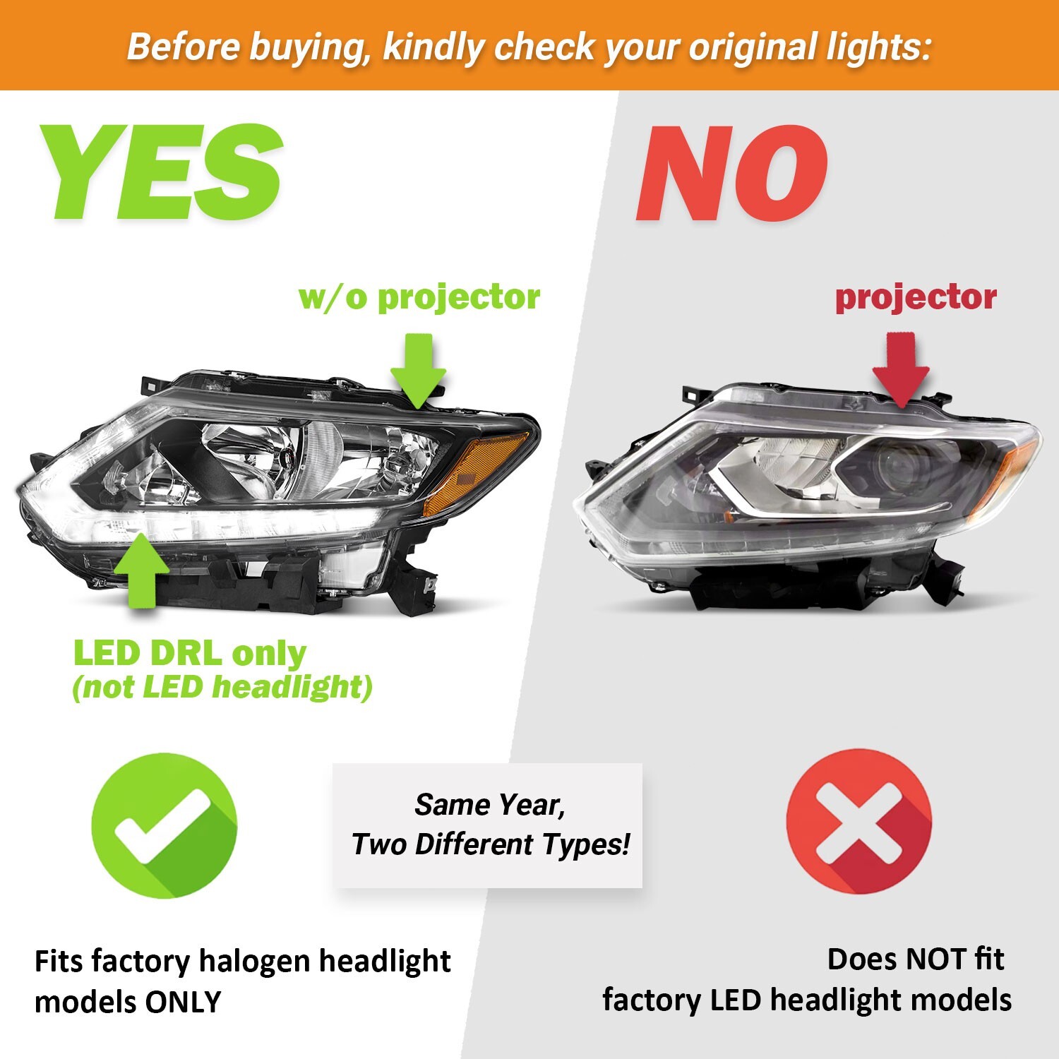 WEELMOTO Headlights For 2014-2016 Nissan Rogue Halogen LED DRL Lamps Left+Right