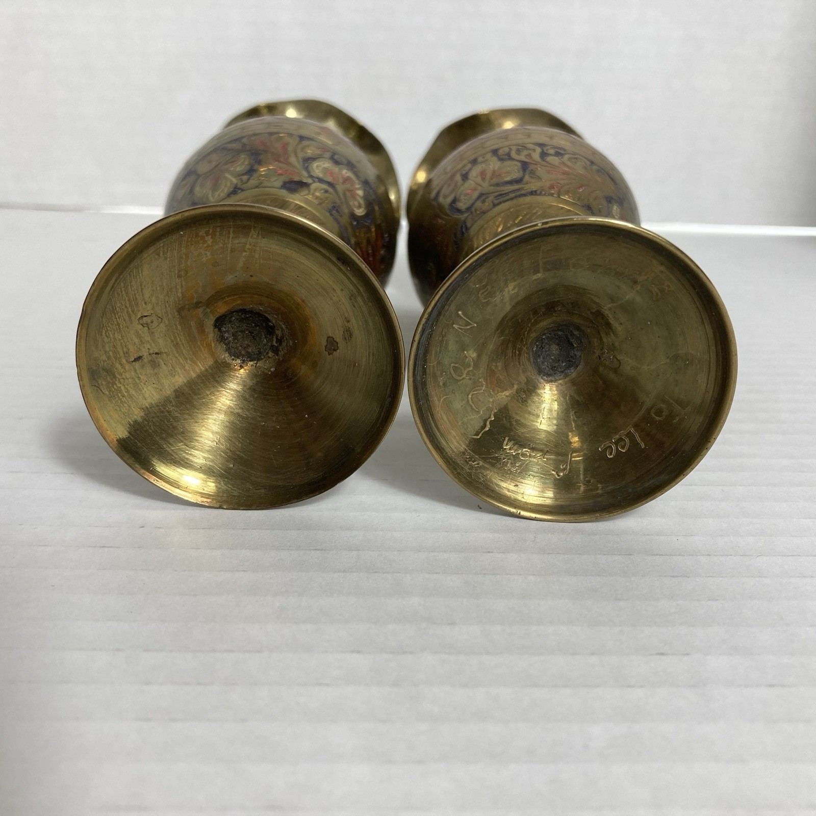 VTG Brass Etched Enameled Vases British India Scalloped Edge 6 In Art Deco MCM