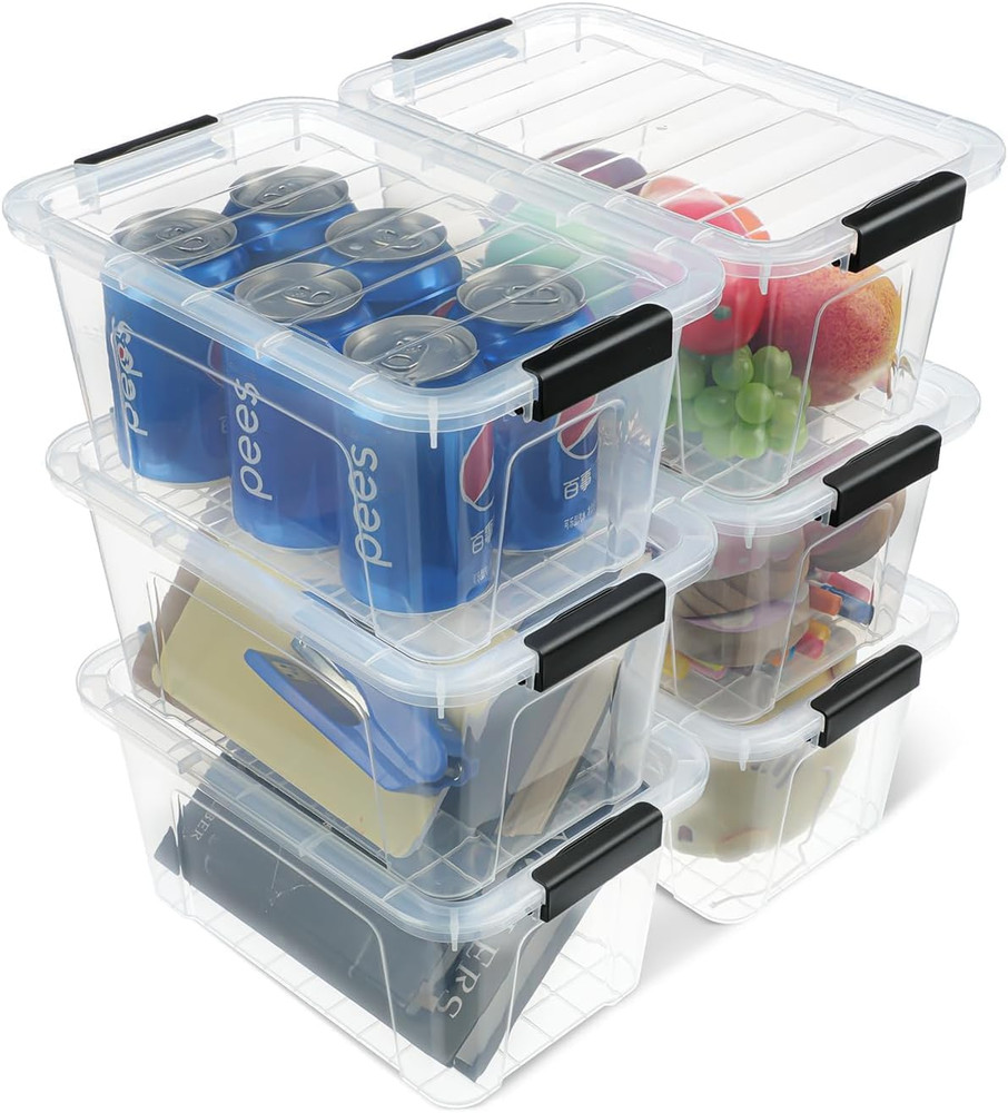 Plastic Storage Bins with Lids 6 Pack, 7 Quart Storage Containers with Black ...