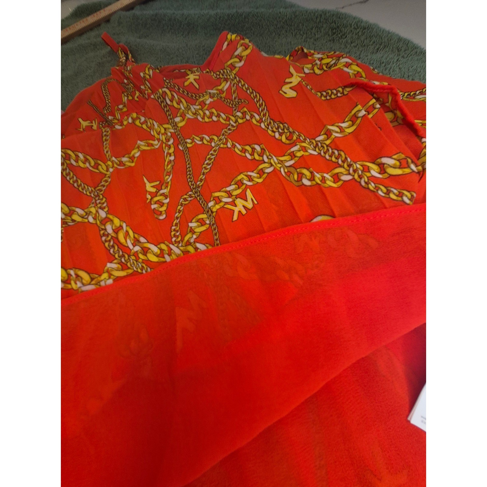 Michael Kors Optic Orange Chain Link Logo Pleated Cami Top MS340HC8EY XL NEW