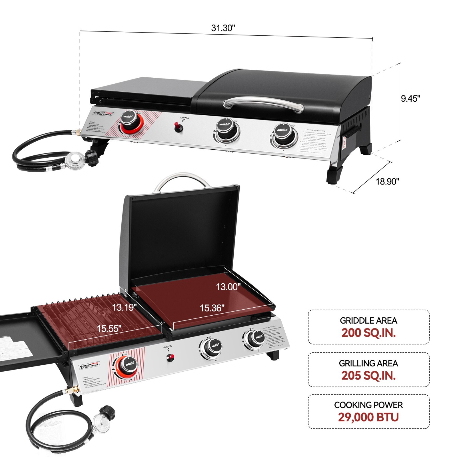 Royal Gourmet 3-in-1 Portable Gas Griddle with Side Burner and Lid for Outdoor