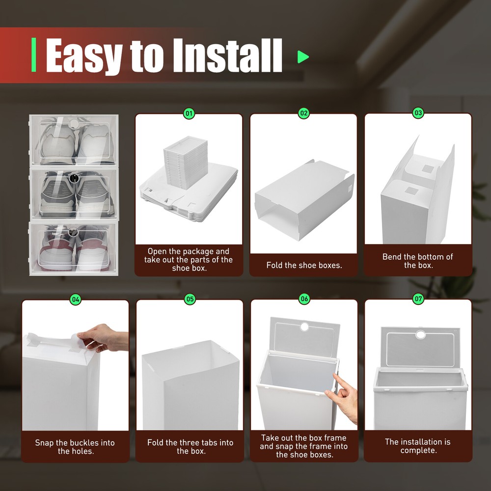 20pc Large Plastic Shoe Storage Boxes Drawer Stackable Foldable Organiser Clear