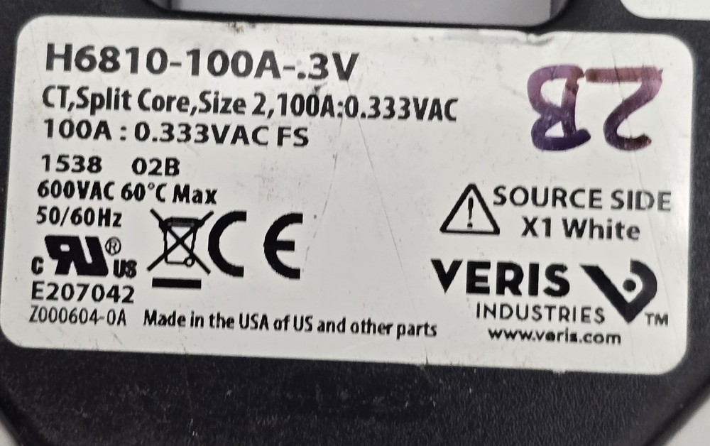 Veris H6810-100A-.3V Split-core Current Transducer Size 2 100A 0.333VAC