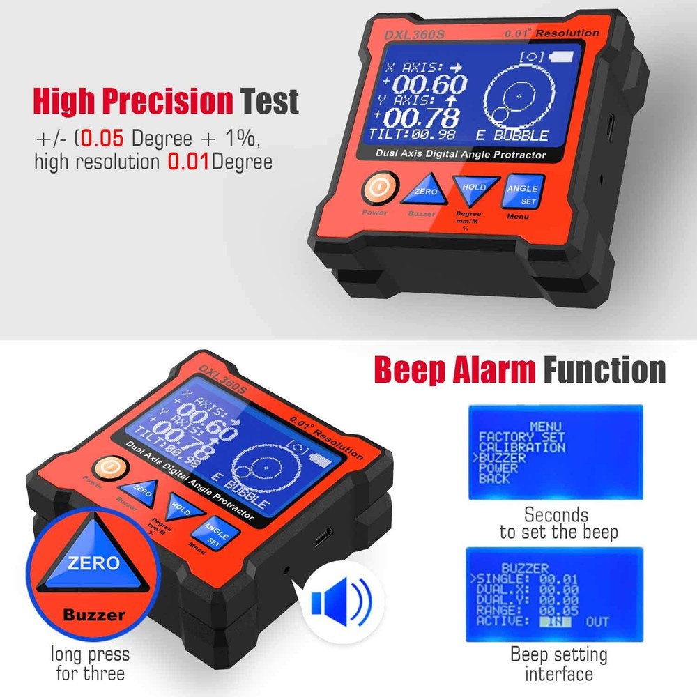 Digital Angle Protractor Dual Axis 2 in 1 0.01° Resolution Five Face Magnetic