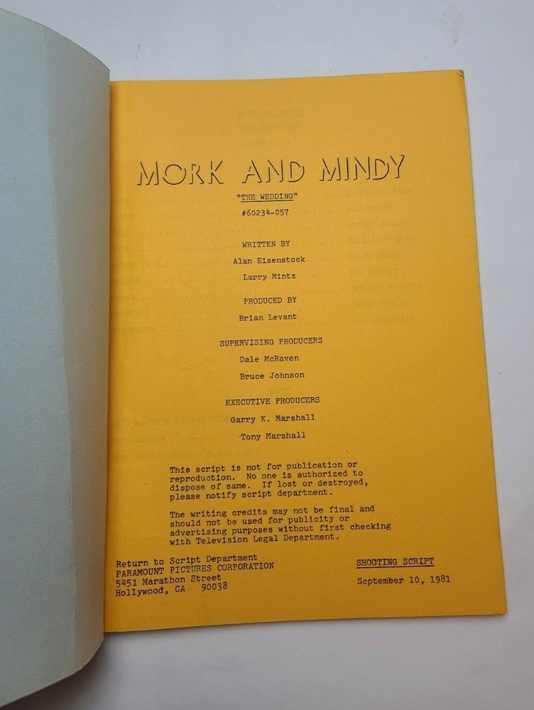 MORK & MINDY / 1981 TV Script, Conrad Janis & Robert Donner "The Wedding"