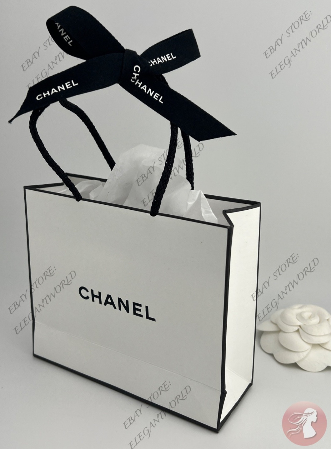 Chanel Small Empty Gift Bag White Paper Classic Black Logo L 5.5 x H 4.5 x D 2"