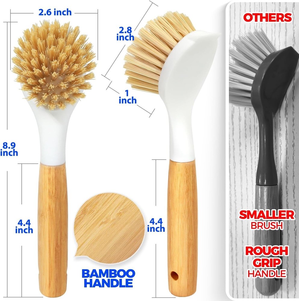 1/3 Pack Dish Brush Set with Bamboo Handle Kitchen Scrub Brush for Cleaning Dish