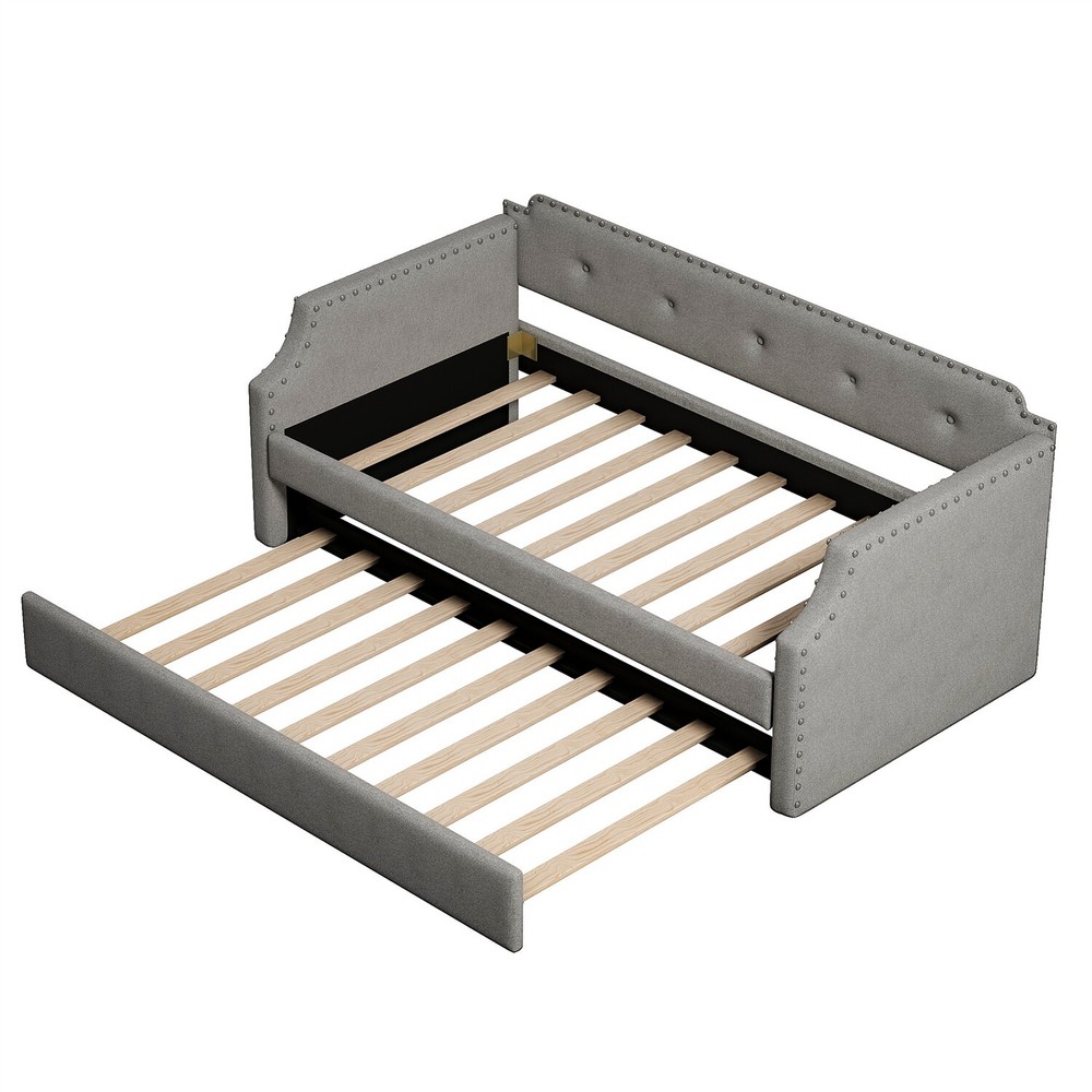 Twin Size Daybed w/ Pull-Out Trundle Bed Upholstered Bed Frame Sofa Bed US