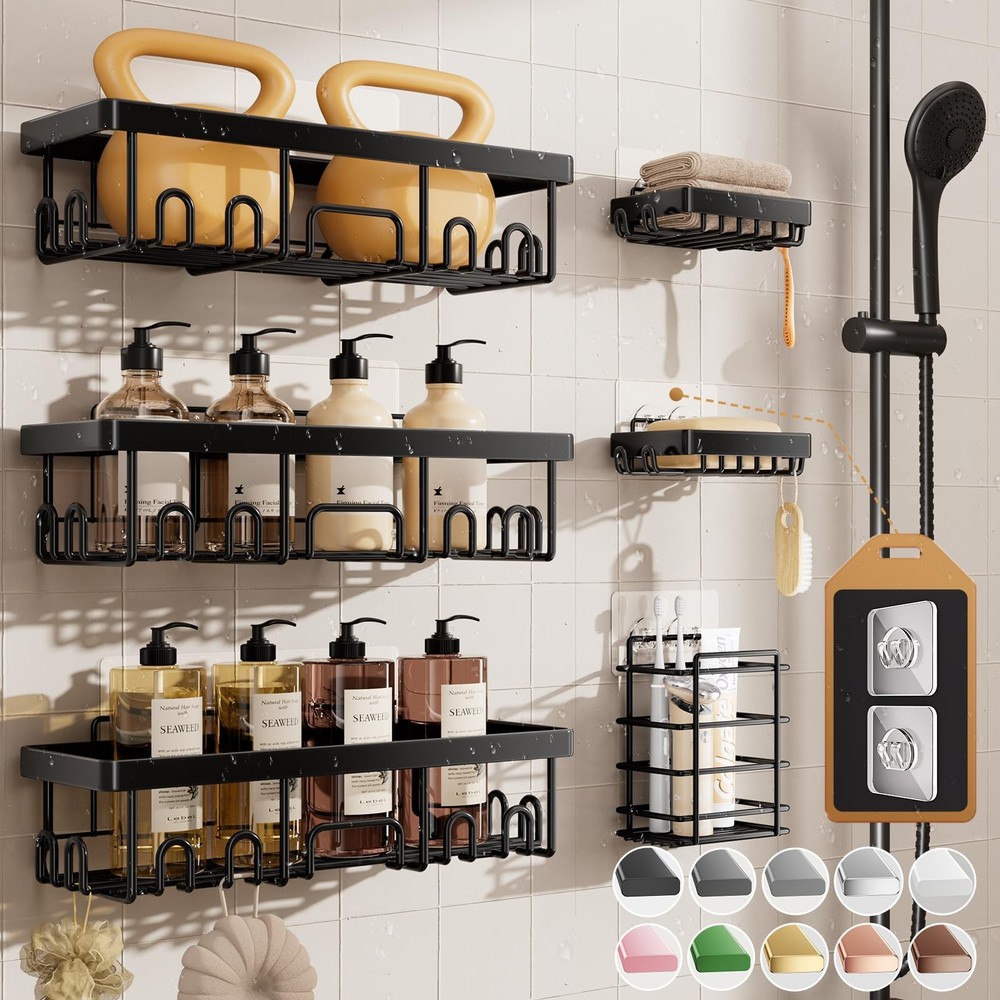 Shower Caddy 6-Pack, Advanced Rustproof Design, No Drilling Adhesive Shelves,...