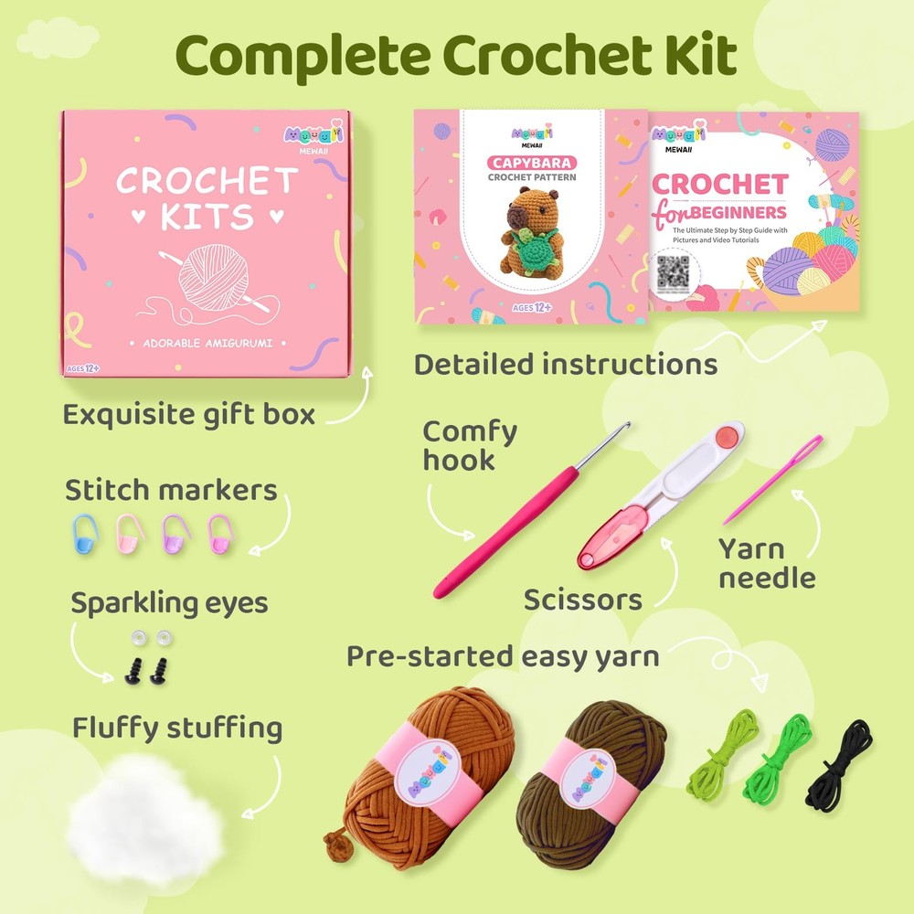 Crochet Kit for Beginners Level 1 with 40% Extra Eco-Friendly Pre-Started Eas...